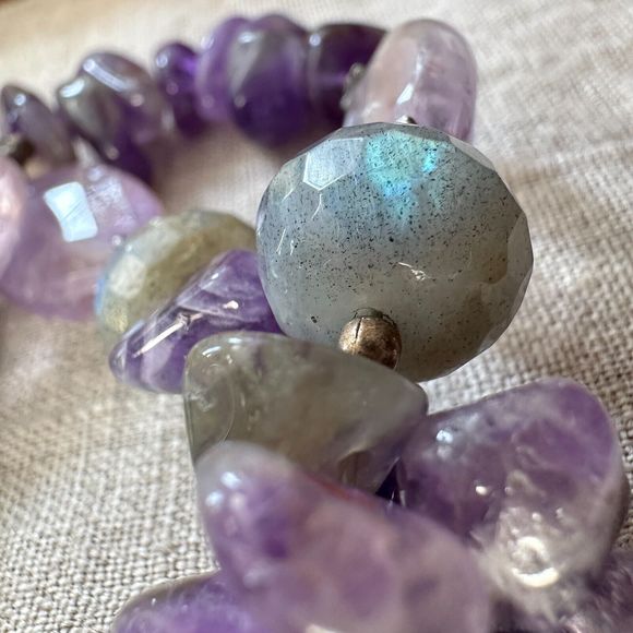 Amethyst Labradorite Beaded Sterling Silver Necklace 19" Toggle Clasp Purple VTG - Picture 3 of 16